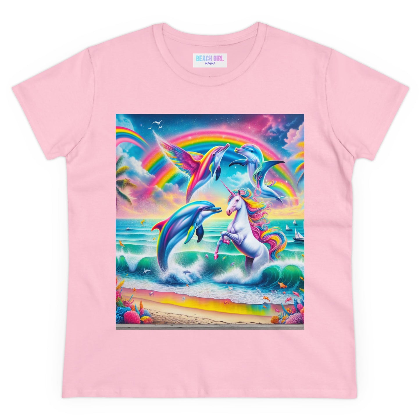 Beach Girl Miami's Unicorn Dolphin Women's Midweight Cotton Tee