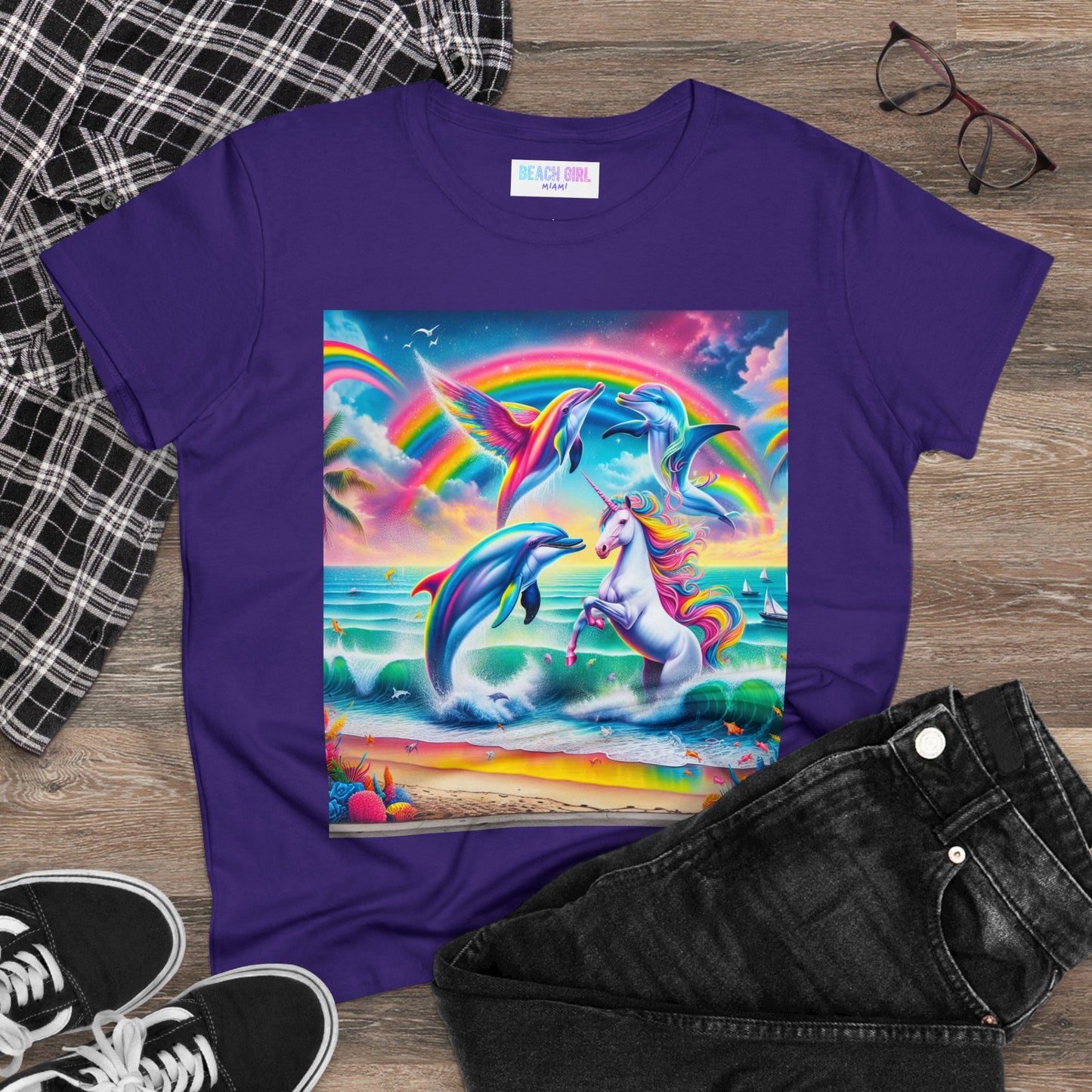 Beach Girl Miami's Unicorn Dolphin Women's Midweight Cotton Tee