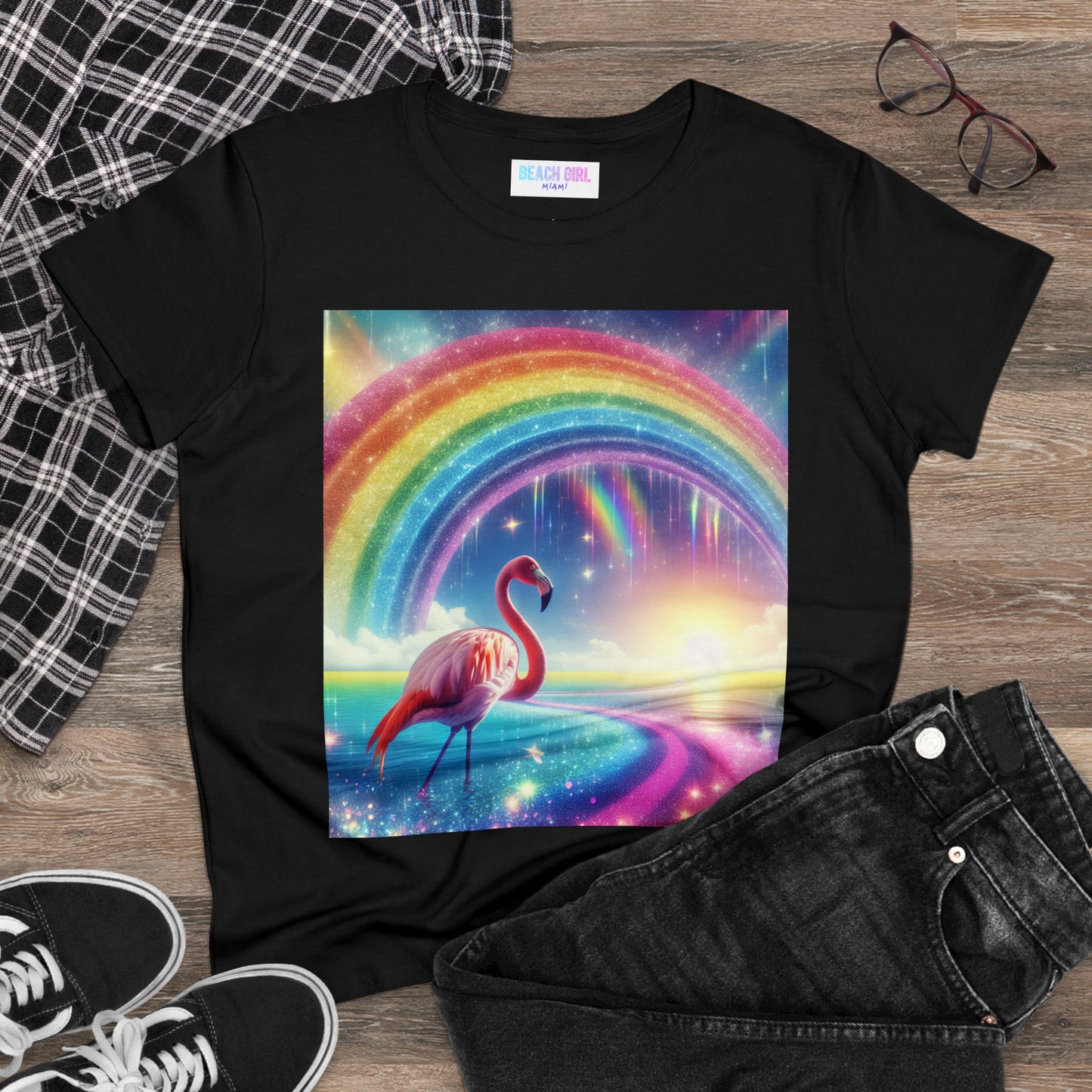 Beach Girl Miami Flamingo Miami Rainbow Women's Midweight Cotton Tee