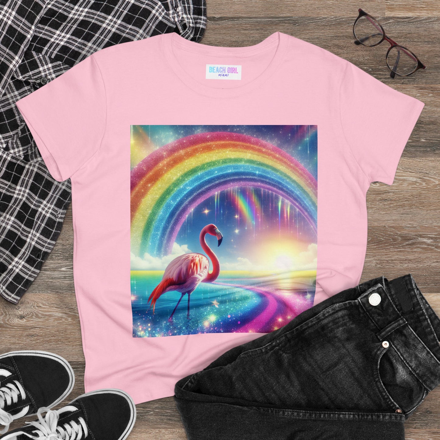 Beach Girl Miami Flamingo Miami Rainbow Women's Midweight Cotton Tee