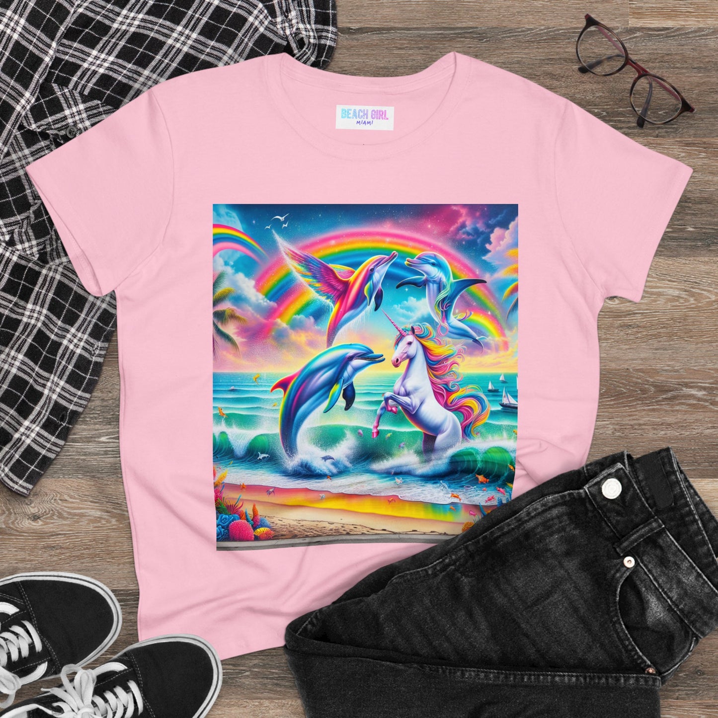 Beach Girl Miami's Unicorn Dolphin Women's Midweight Cotton Tee