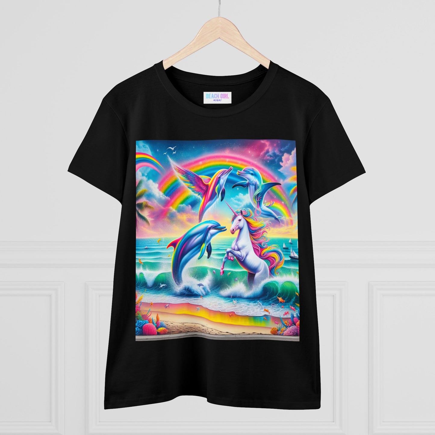 Beach Girl Miami's Unicorn Dolphin Women's Midweight Cotton Tee