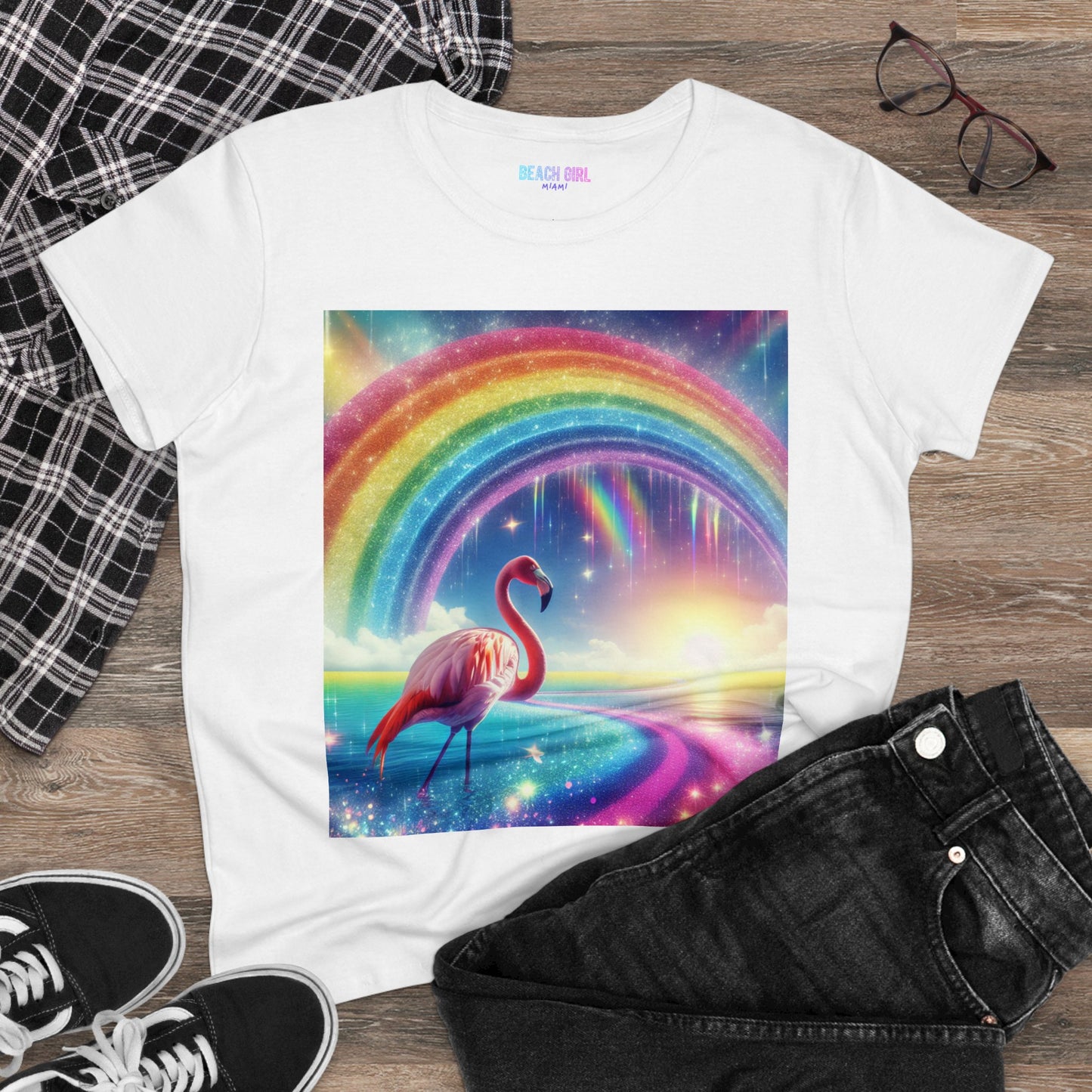 Beach Girl Miami Flamingo Miami Rainbow Women's Midweight Cotton Tee