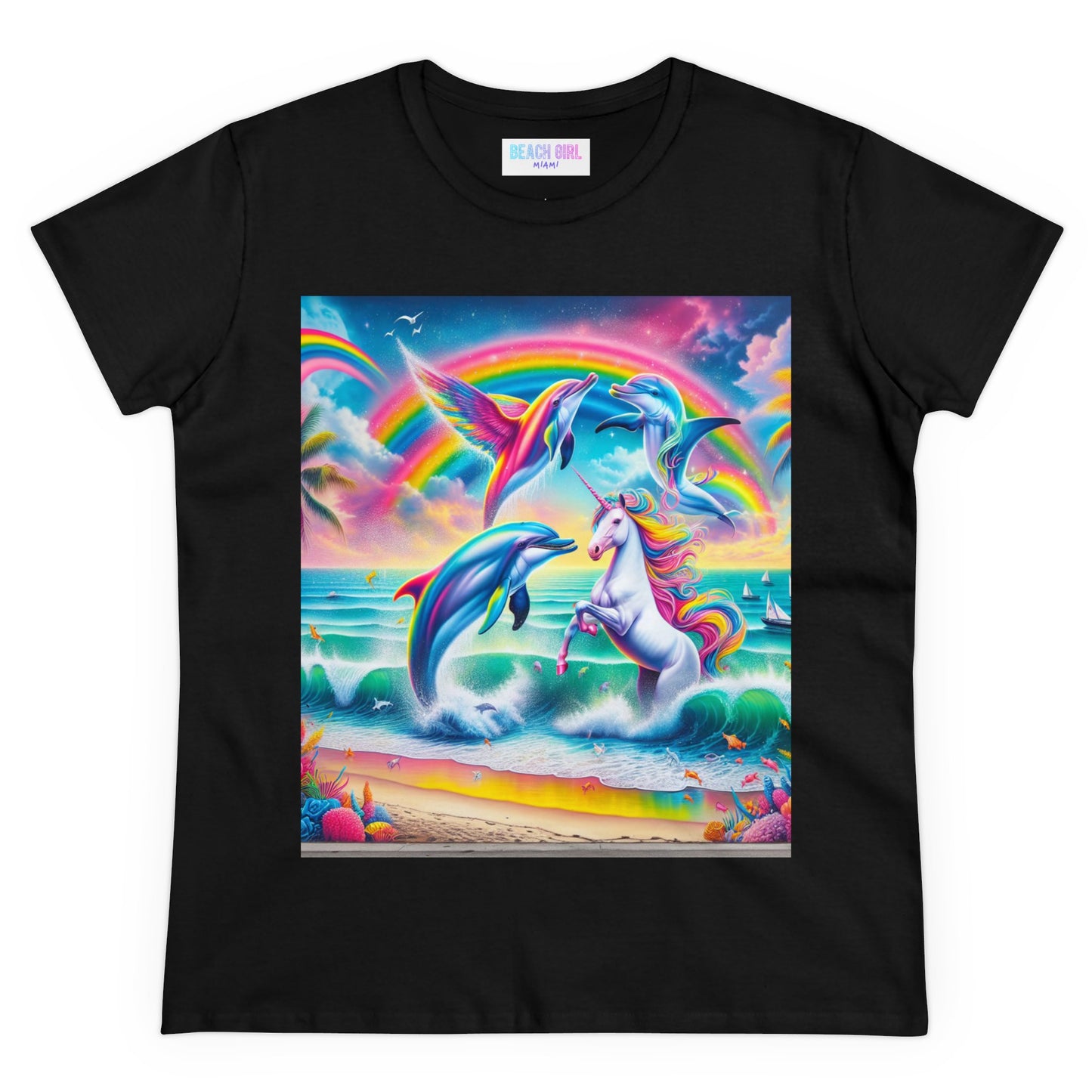 Beach Girl Miami's Unicorn Dolphin Women's Midweight Cotton Tee