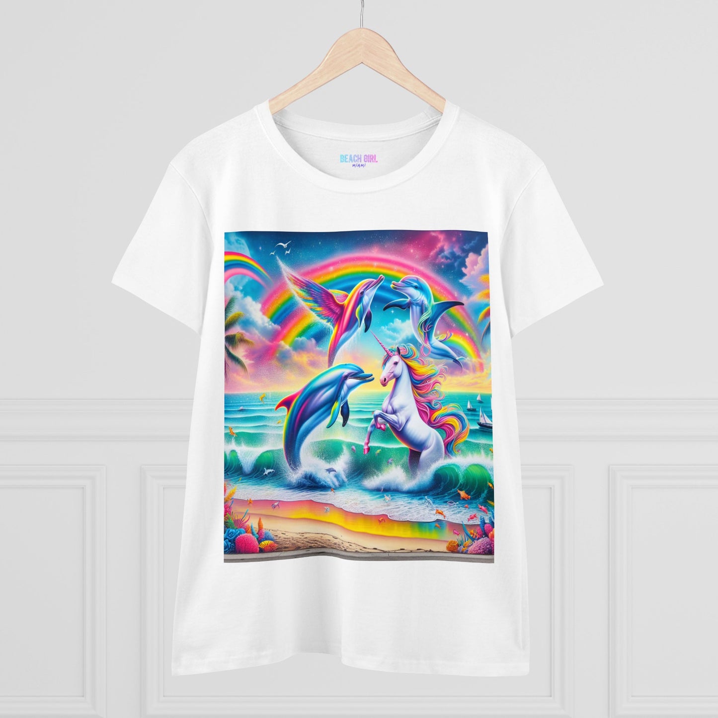 Beach Girl Miami's Unicorn Dolphin Women's Midweight Cotton Tee