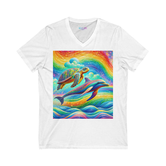 Beach Girl Miami's Turtle Dolphin Unisex Jersey Short Sleeve V-Neck Tee