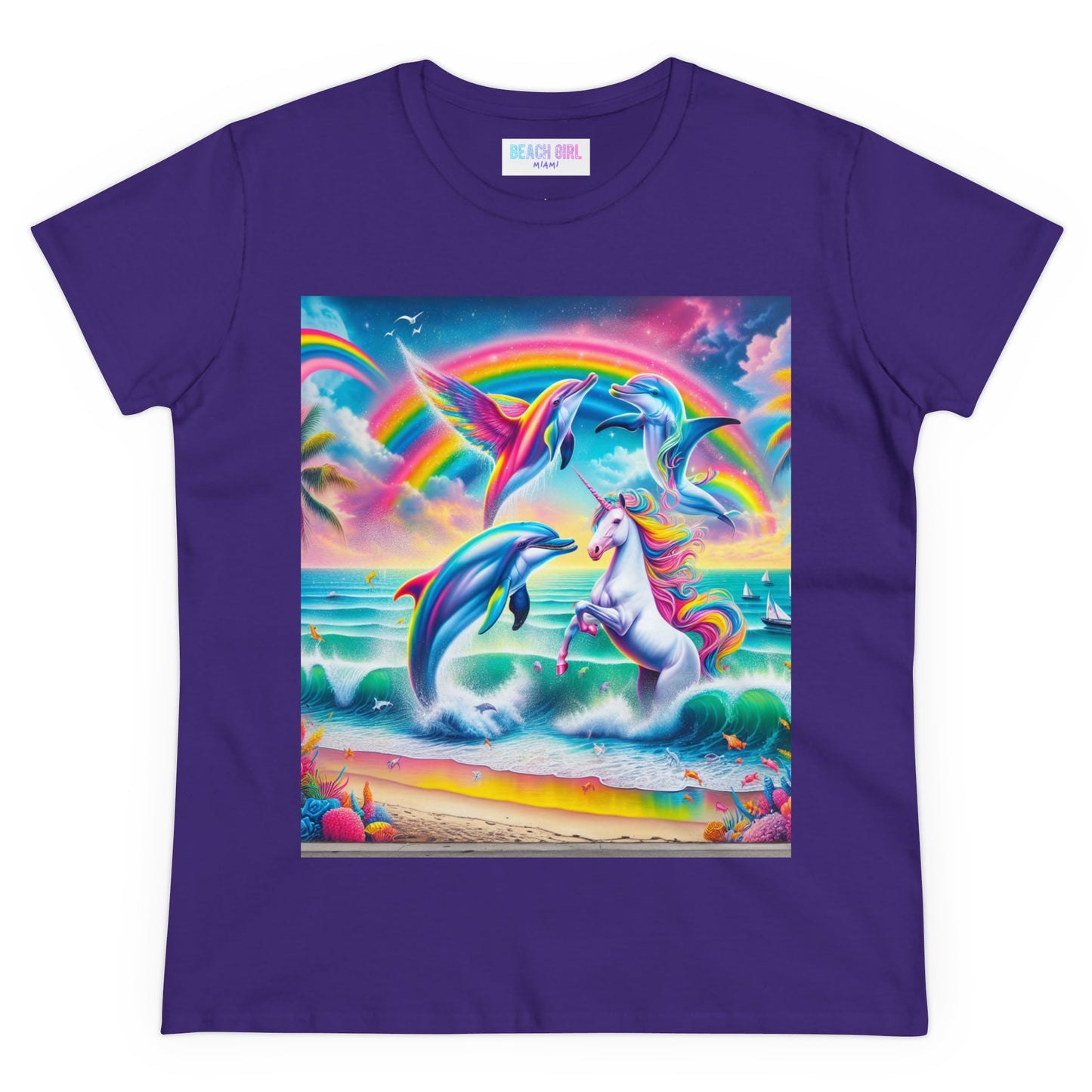 Beach Girl Miami's Unicorn Dolphin Women's Midweight Cotton Tee