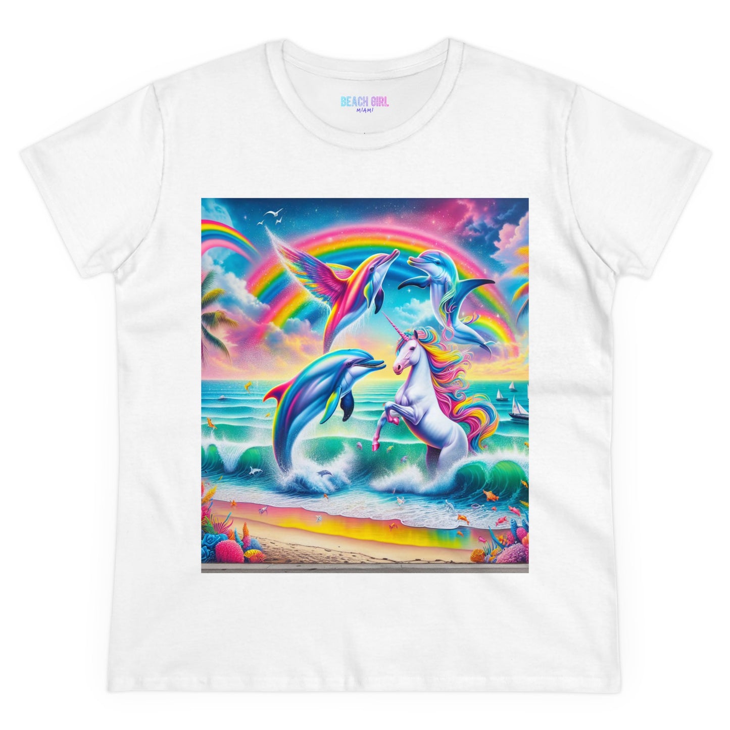 Beach Girl Miami's Unicorn Dolphin Women's Midweight Cotton Tee