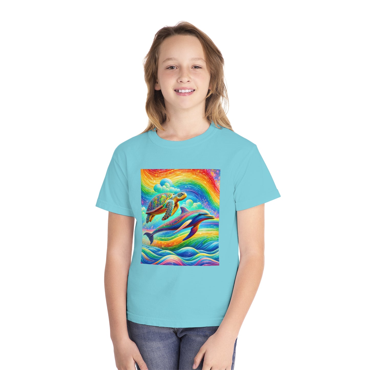 Beach Girl Miami's Turtle Dolphin Rainbow Youth Midweight Tee