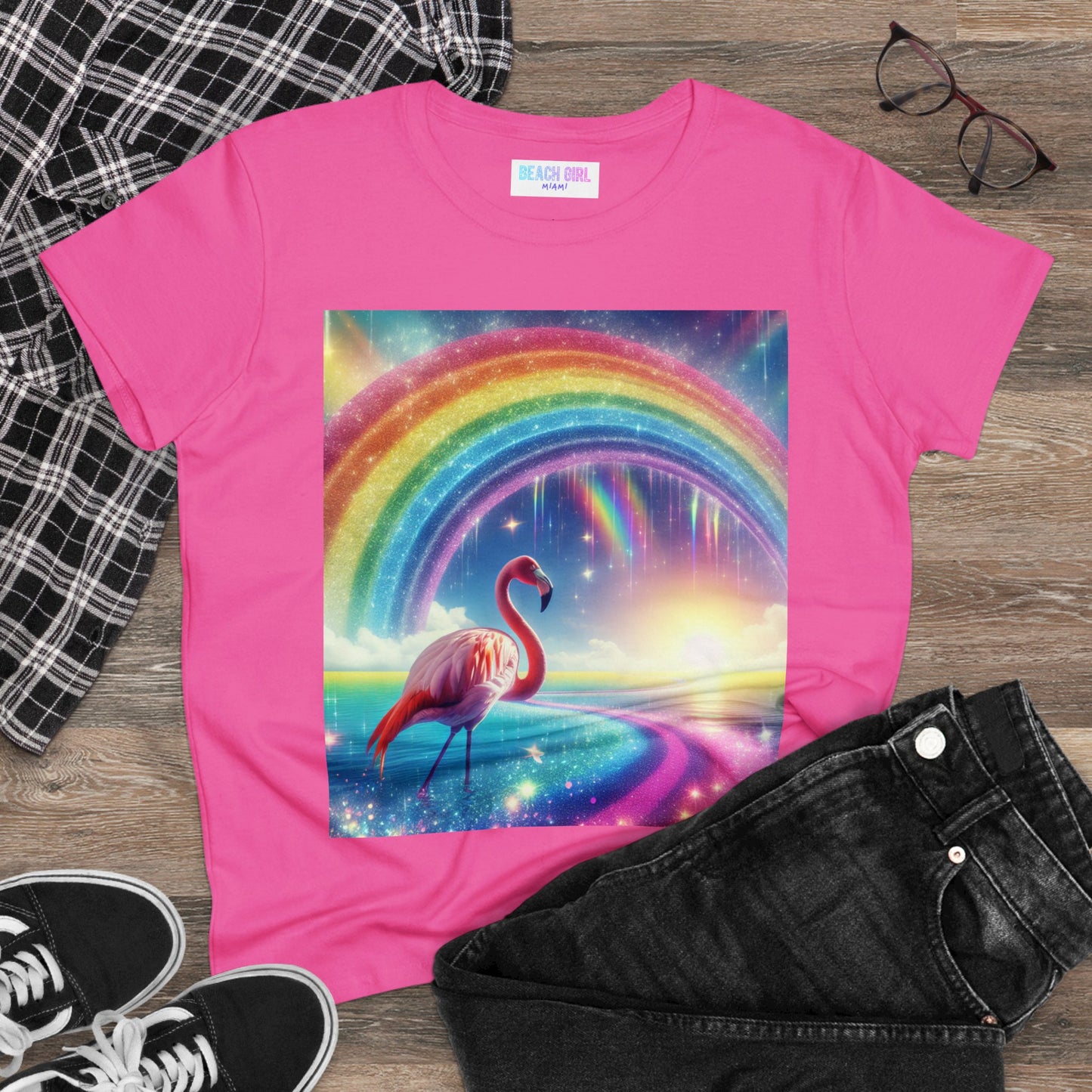 Beach Girl Miami Flamingo Miami Rainbow Women's Midweight Cotton Tee