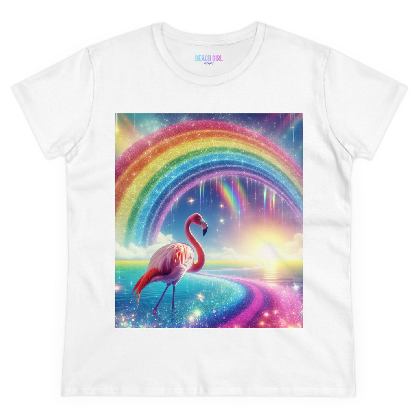 Beach Girl Miami Flamingo Miami Rainbow Women's Midweight Cotton Tee