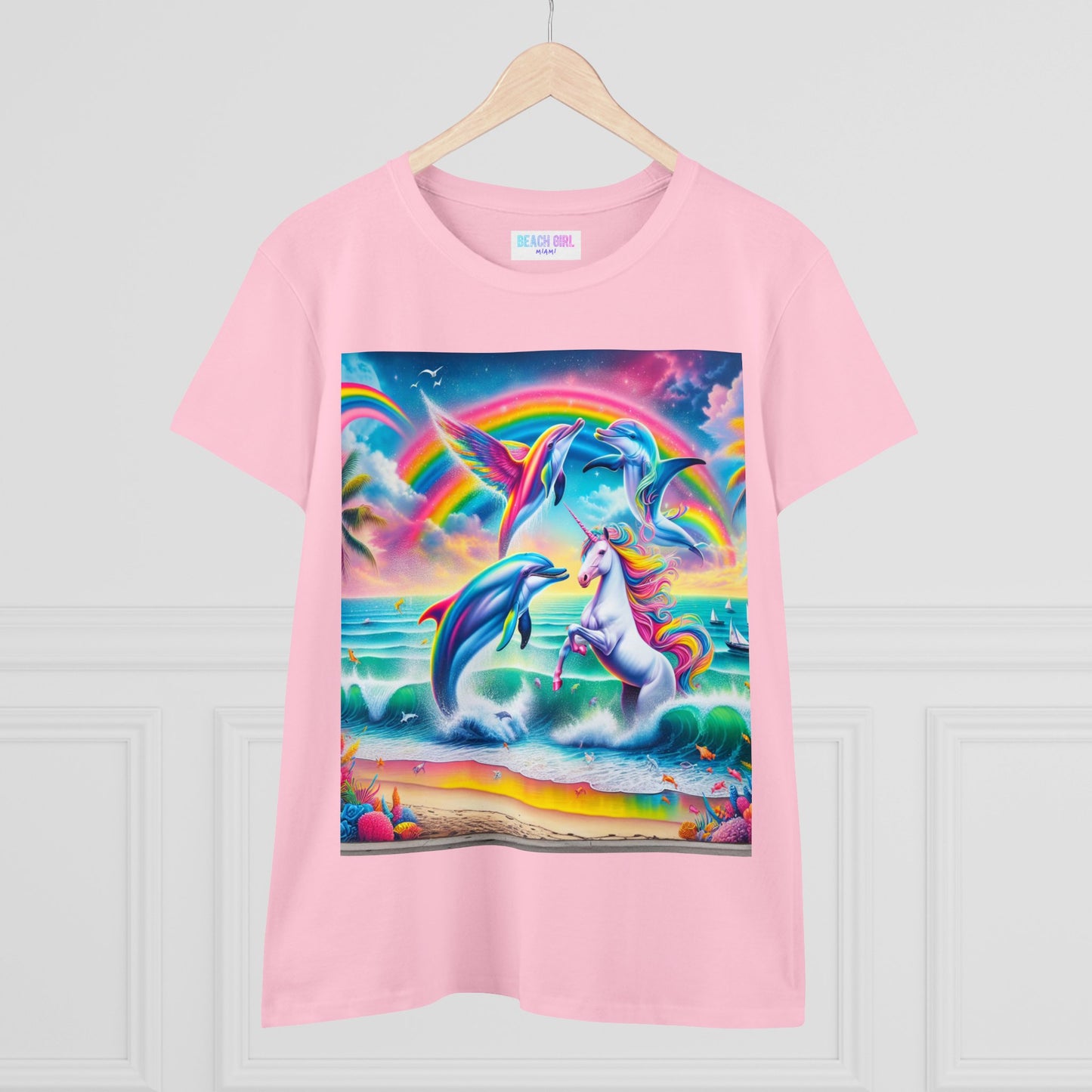 Beach Girl Miami's Unicorn Dolphin Women's Midweight Cotton Tee