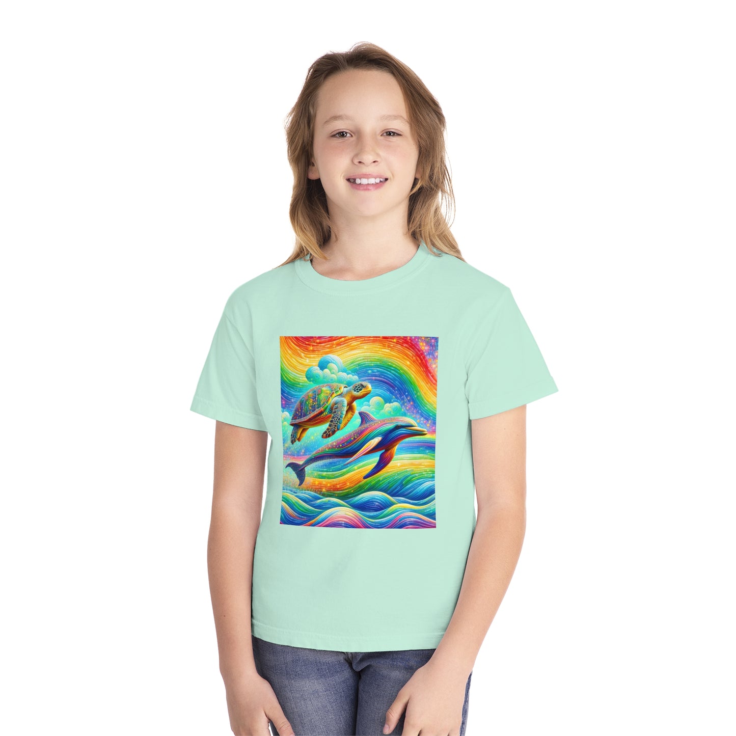 Beach Girl Miami's Turtle Dolphin Rainbow Youth Midweight Tee