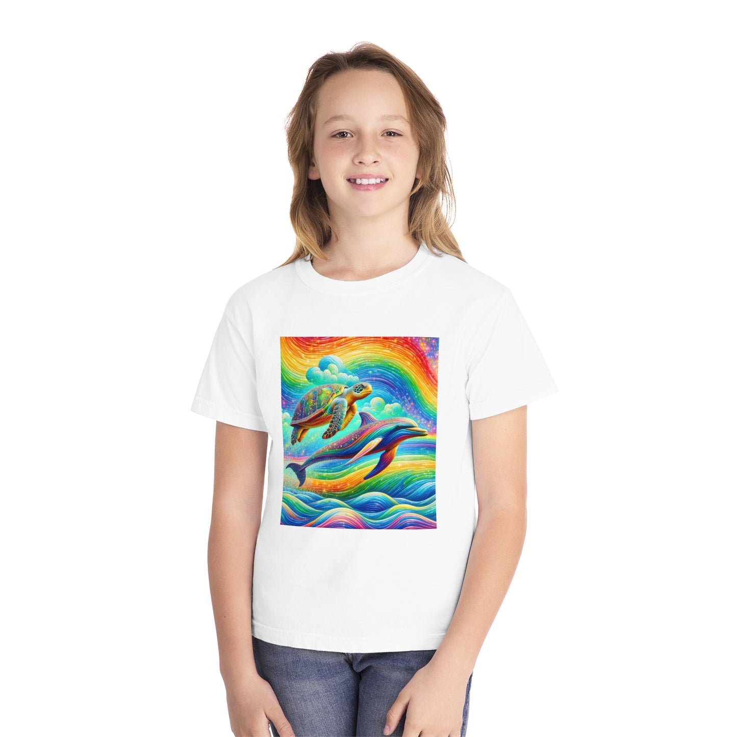 Beach Girl Miami's Turtle Dolphin Rainbow Youth Midweight Tee