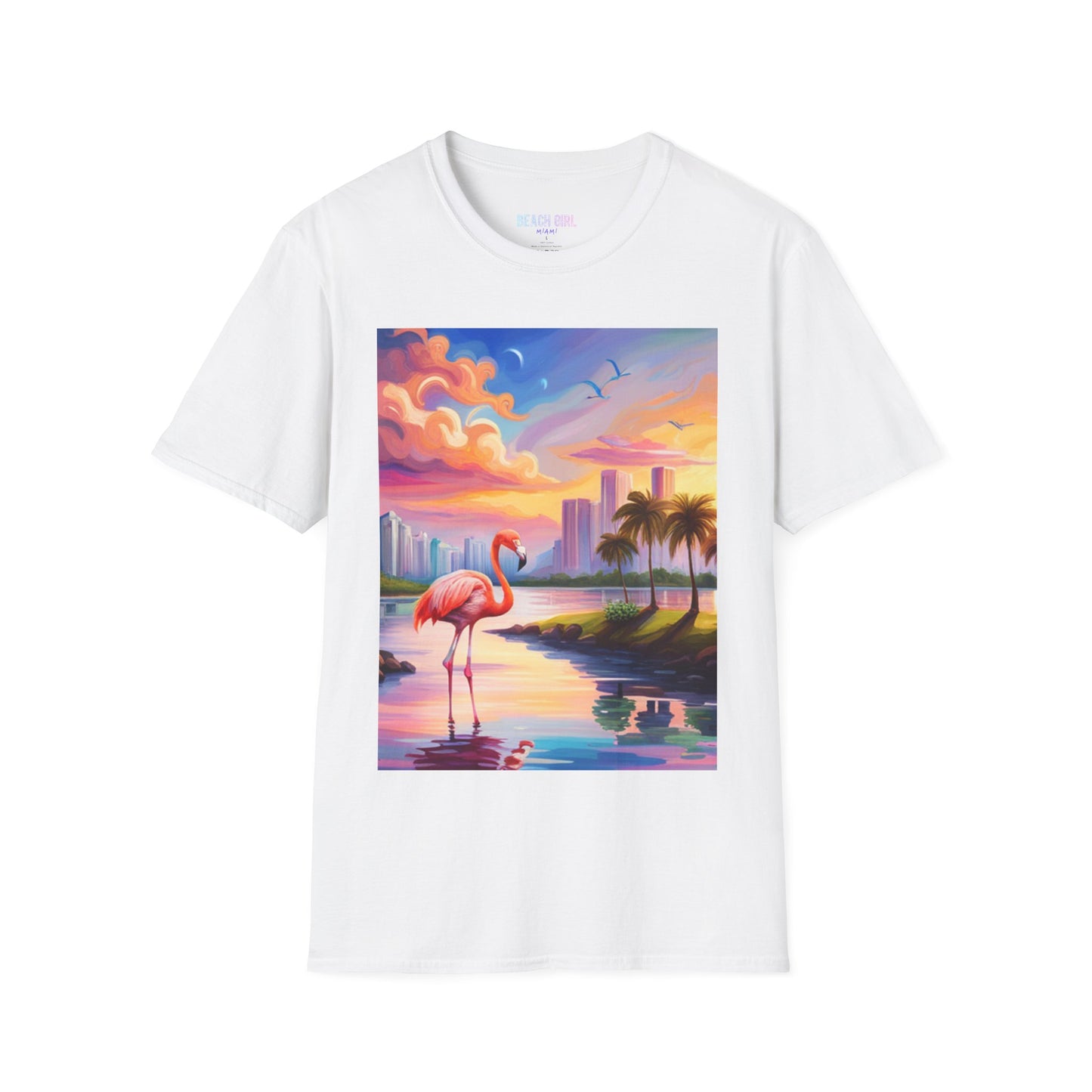 Flamingo Miami Sunset Beach Girl Miami's Unisex Softstyle T-Shirt