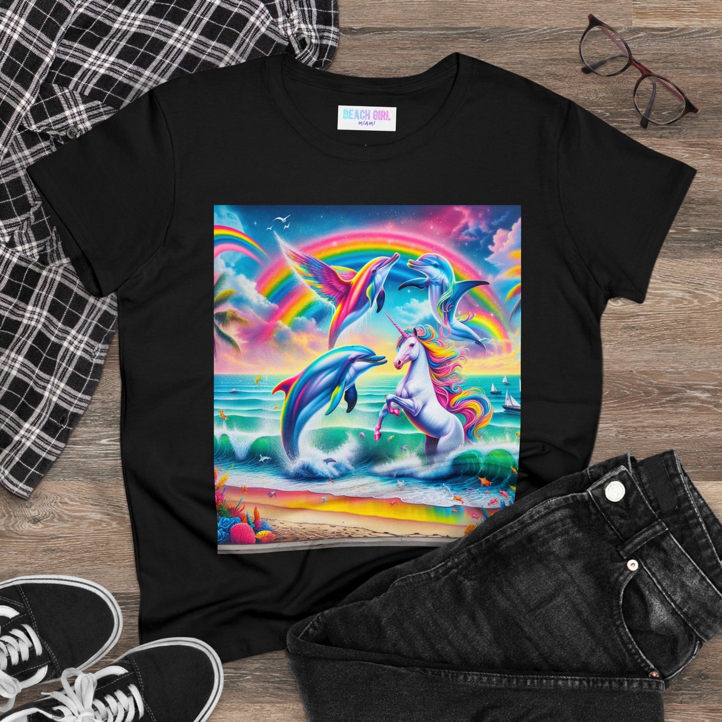 Beach Girl Miami's Unicorn Dolphin Women's Midweight Cotton Tee