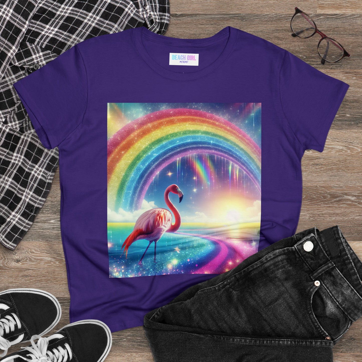 Beach Girl Miami Flamingo Miami Rainbow Women's Midweight Cotton Tee