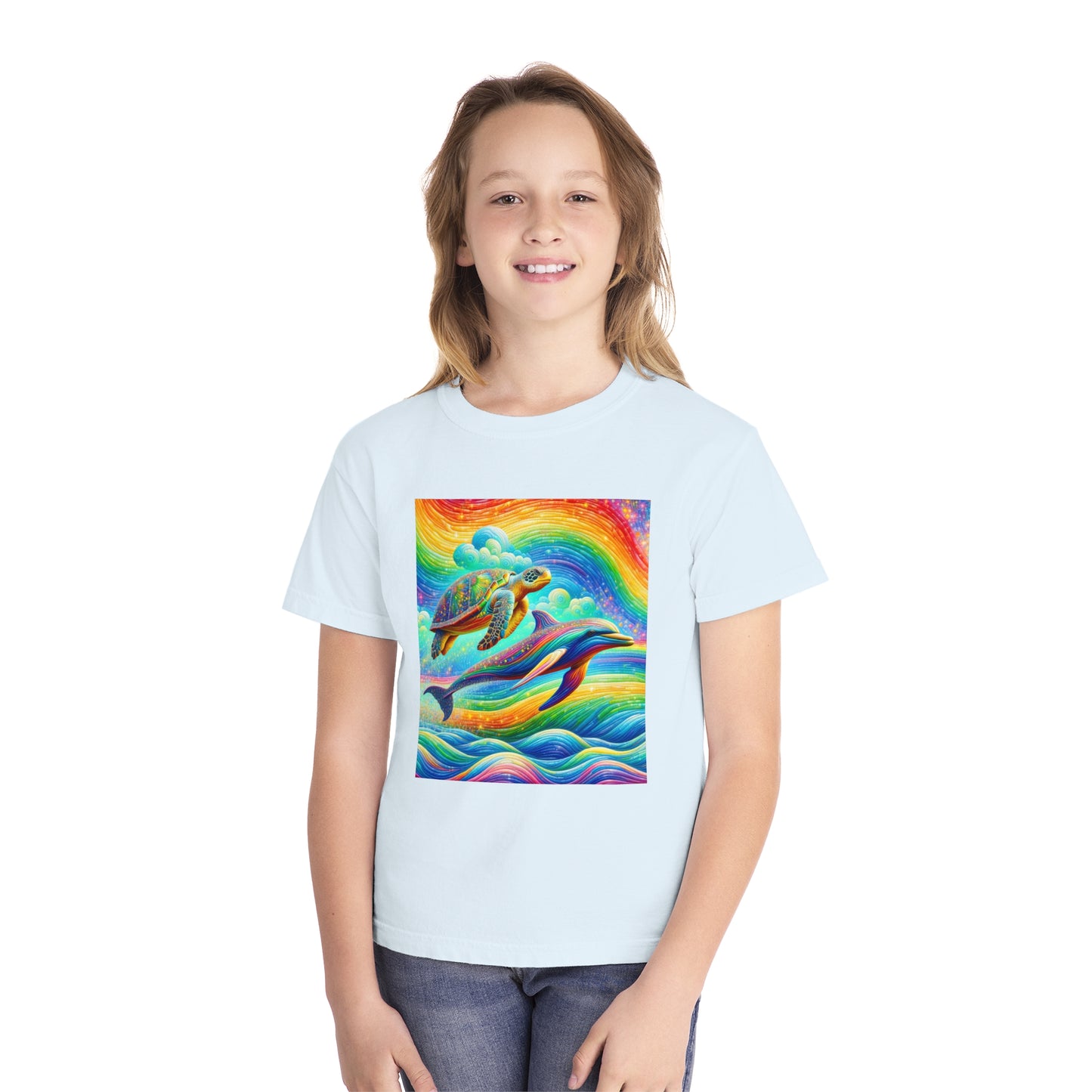 Beach Girl Miami's Turtle Dolphin Rainbow Youth Midweight Tee